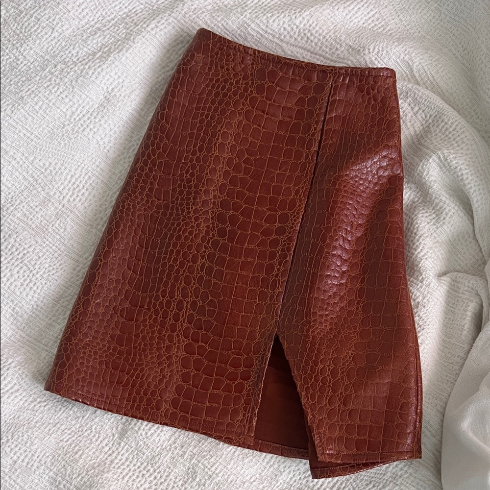 Leather snakeskin mini skirt